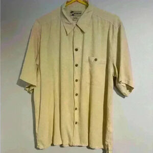 Men’s L Havanas Cafe 100% silk button down shirt yellow EUC